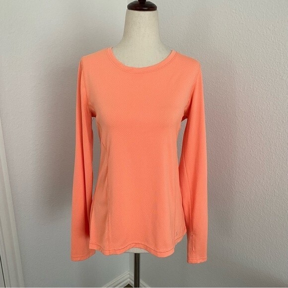 DANSKIN Peach Tangerine Tri Color Perforated Detail L Sleeve Flatter Fit M - Picture 2 of 13